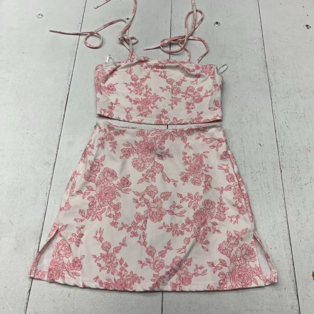 Shein White & Pink Floral Print 2 Piece Tie Sleeve Skirt Set Women's